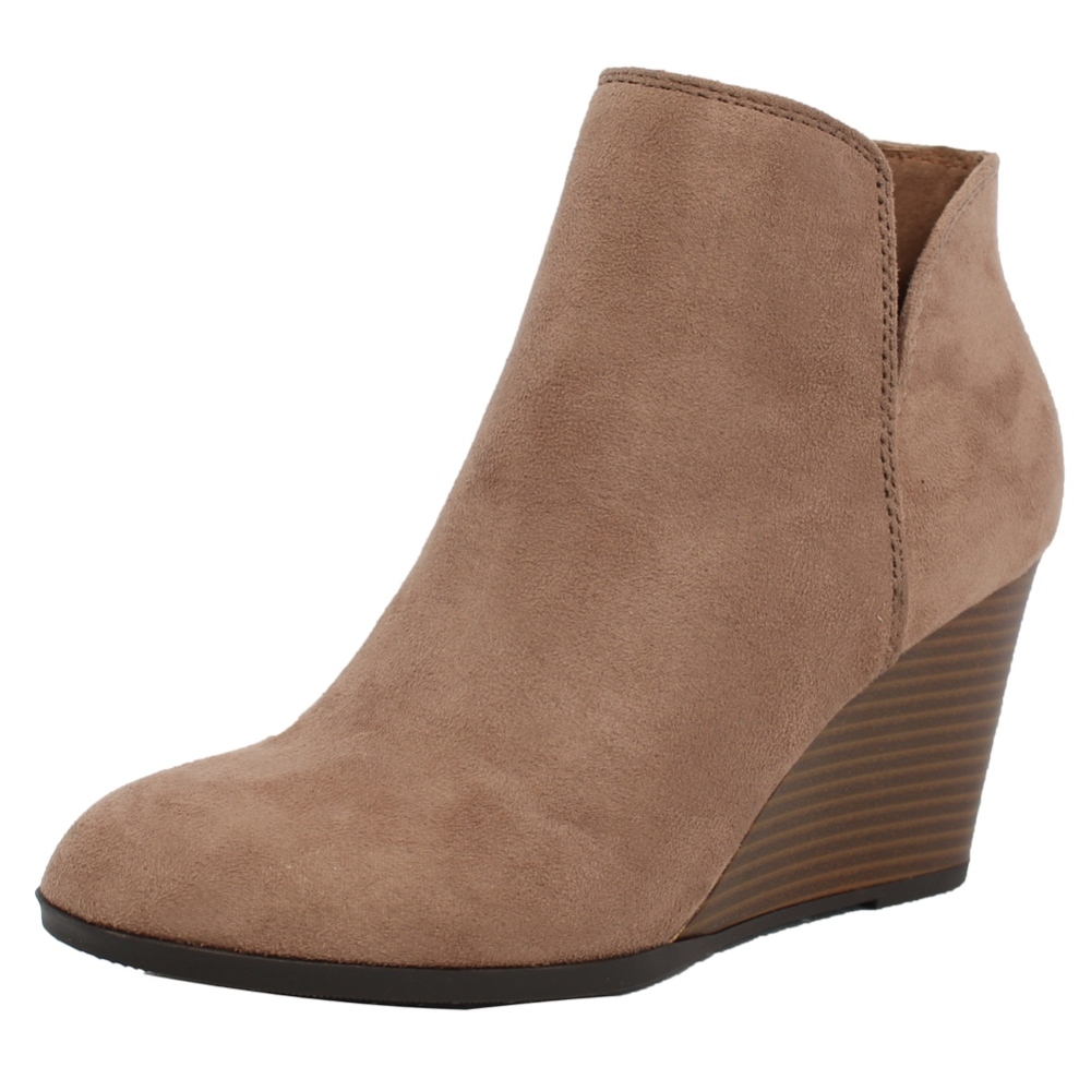 Taupe Faux Suede V cut Stacked Wedge Ankle Bootie - Picture 2 of 7